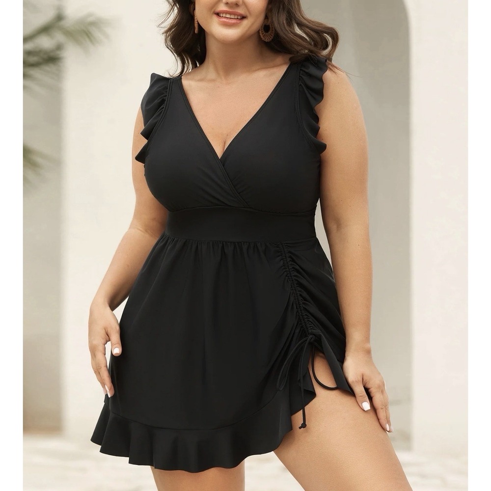 Bloomchic 2-piece Ruffled Flutter Sleeve Drawstring Swim Dress Panty 18-20 Black